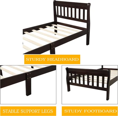 Miniatura 6 de Harper & Bright Designs Cama de madera tamaño individual moderna para niños, base de cama individual con cabecero y soporte de listones de madera