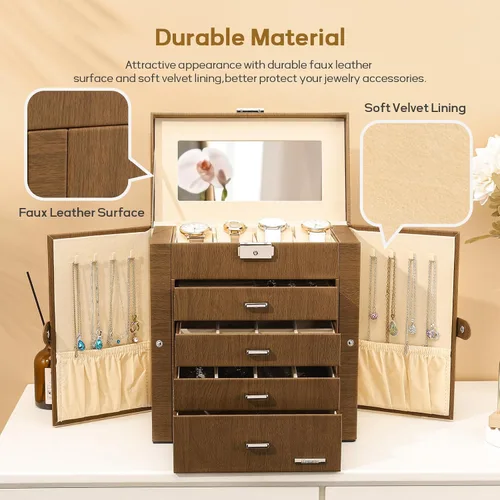 Miniatura 6 de Homde Caja de joyería enorme de cuero sintético, organizador de reloj con espejo, collar, anillo y aretes, caja de regalo con cerradura (marrón)