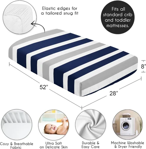Miniatura 4 de Sábana bajera para cuna para ropa de cama de bebé y niño a rayas azul marino y gris - Estampado a rayas azul (blue and grey stripe)