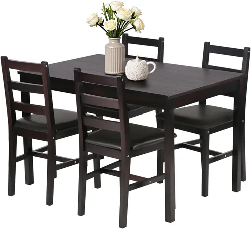 Miniatura 10 de FDW Juego de mesa de comedor de madera maciza de 5 piezas para 4 Marrón Mesa de cocina de pino con sillas tapizadas Diseño que ahorra