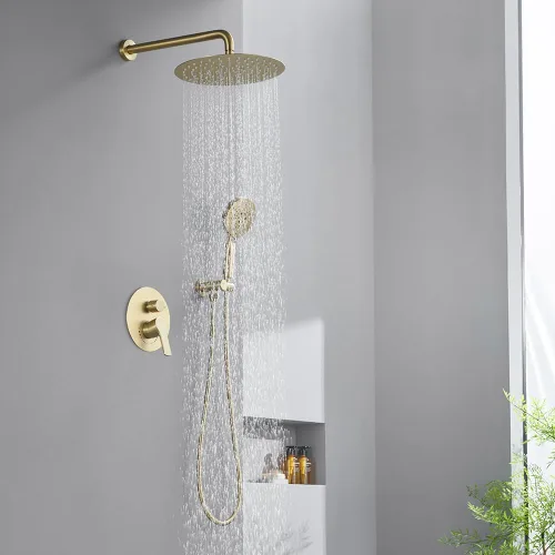 Miniatura 2 de Sistema de ducha de oro cepillado de 12 pulgadas para baño, cabezal de ducha de lluvia dorado de alta presión con rociador de mano, accesorios
