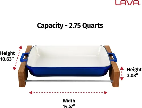 Miniatura 3 de Lava Cast Iron Sartén para lasaña, tres capas de hierro fundido esmaltado, bandeja para hornear con soporte de servicio, plato rectangular apto
