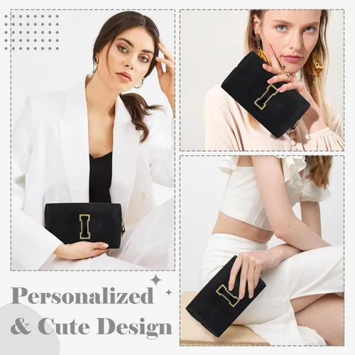 Miniatura 4 de Bolsa de maquillaje personalizada con inicial A-Z, bolsa de cosméticos pequeña de PU con parche preppy y letra de chenilla con cierre para niñas