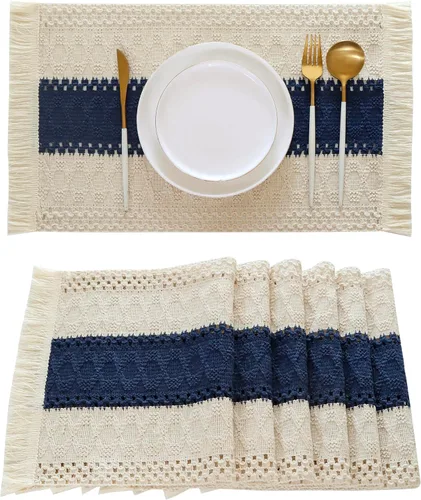 Miniatura 12 de Juego de 4 manteles individuales verdes de macramé para decoración de mesa con flecos, manteles individuales tejidos de arpillera natural para mesa