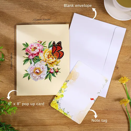 Miniatura 4 de Tarjeta de flores desplegables, tarjeta de felicitación, tarjeta desplegable 3D de mariposa y peonía rosa de 6 x 8 pulgadas, para el día