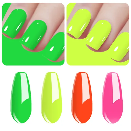Vishine Juego de esmaltes de uñas de gel fluorescente, 4 colores, verde neón, amarillo, naranja, rosa intenso, colección de colores brillantes, arte