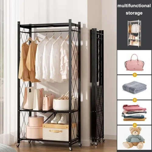 Miniatura 6 de Perchero resistente con ruedas, perchero de metal con estante de almacenamiento de 2 niveles, para colgar ropa, 28.0 x 13.0 x 61.4 in (negro)