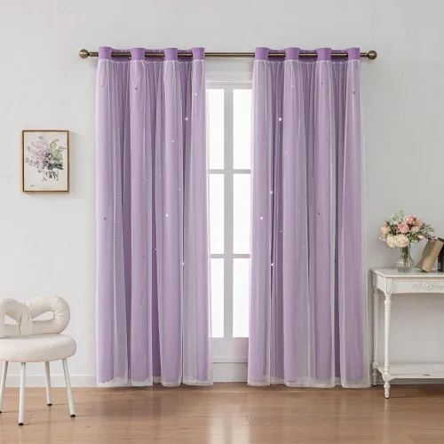Miniatura 13 de FANLI 2 paneles de cortinas opacas de estrellas para dormitorio de niñas, sala de estar, rayas oscurecedoras, doble capa, estrellas caladas