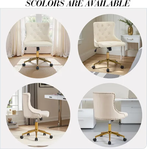 Miniatura 9 de Silla de escritorio de terciopelo sin brazos para oficina en casa, silla giratoria con altura ajustable, pequeña y linda silla de tocador para Beige