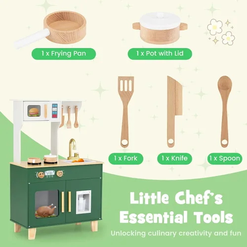 Miniatura 7 de Costzon Cocina de juego para niños, juego de cocina Little Chef con microondas, estufas, pomos de rotación, dispensador de hielo, grifo, fregadero