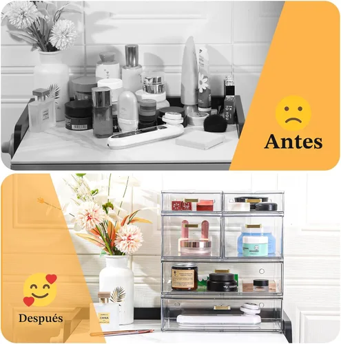 Miniatura 9 de LALOBLUE Cajones de almacenamiento apilables, paquete de 6 cubos organizadores de acrílico transparente con asas doradas, cajones de plástico
