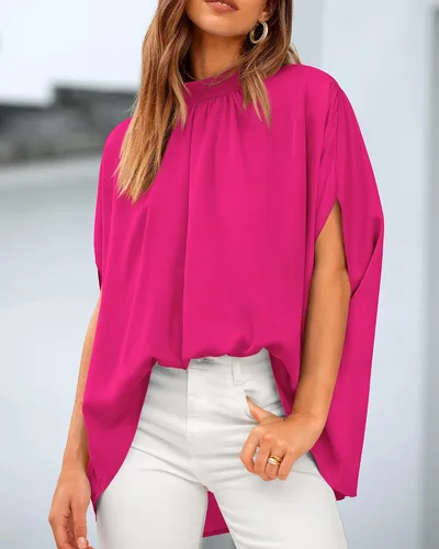Miniatura 65 de BTFBM Blusas de verano para mujer, cuello alto falso, manga murciélago, holgadas, dobladillo alto y bajo, blusas informales de gran