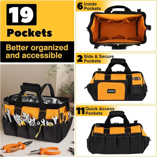 Miniatura 4 de Bolsa de herramientas resistente para hombres, organizador de caja de herramientas de 16 pulgadas, gran almacenamiento de herramientas de lona