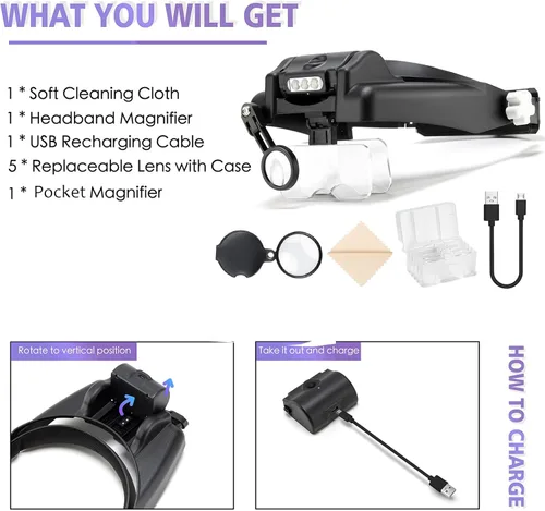 Miniatura 8 de COYLAPY Lupa con luz manos libres, lupa de 1X a 14X para trabajo cercano, auriculares de lupa ajustable con 1x, 1.5X, 2X, 2.5X, 3.5X y lentes Negro