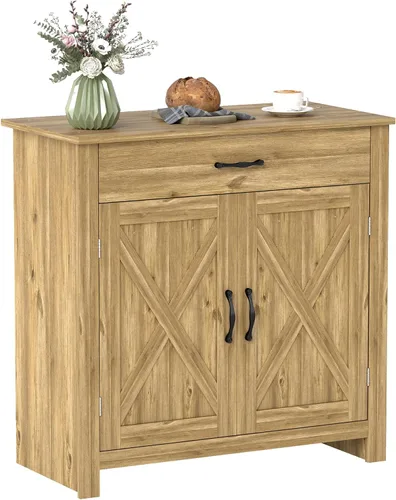 HOMCOM Aparador Estilo Granja Gabinete Buffet, Gabinete de Barra de Café con Puerta de Granero con Cajón y Estante Ajustable para Cocina, Sala de