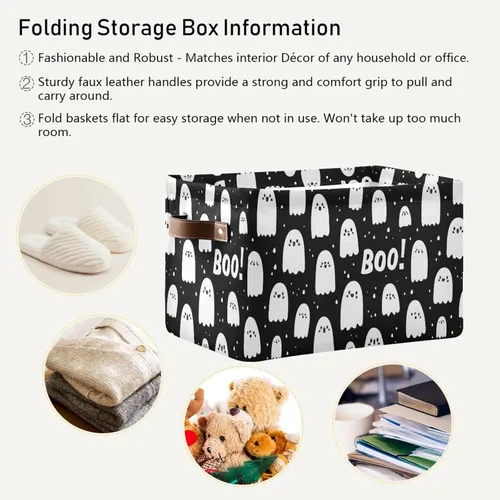 Miniatura 6 de Cesta de almacenamiento de fantasmas blanco y negro para estantes, elegante organizador de lona con asas de cuero, forro impermeable y marco rígido
