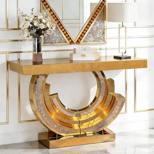Miniatura 35 de Mesa Consola Negra con Espejo, Mesa de Sofá de Cristal Rectangular de 48 pulgadas con Elementos Tallados Vintage con Espejo, Muebles de Espejo