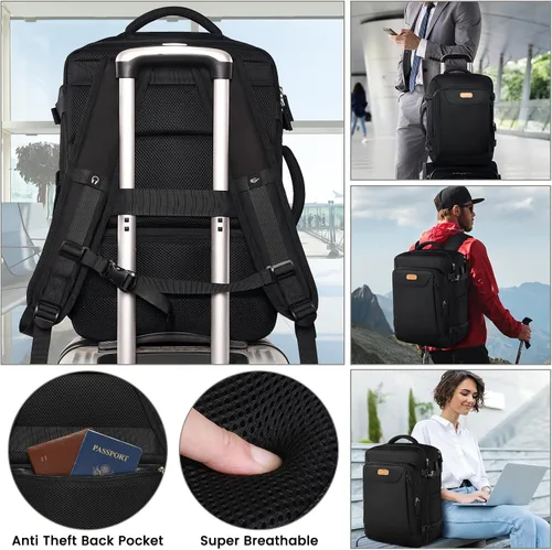 Miniatura 6 de Mochila de viaje aprobada por vuelos, mochila de viaje antirrobo de 15.6 pulgadas, mochila ligera para el fin de semana universitario, bolsa de Negro