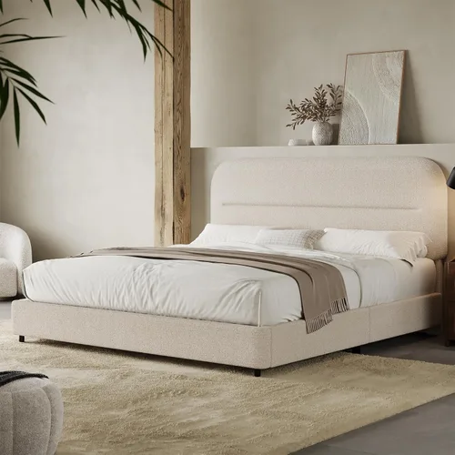 Miniatura 15 de HOMBCK - Base de cama tapizada de tejido bouclé con cabecera suave con diseño de esquinas redondeadas, listones de madera, no requiere somier, fácil