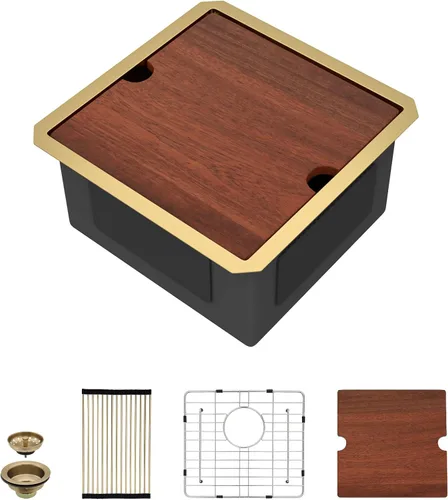 Miniatura 11 de Fregadero de cocina negro de 12 x 15 pulgadas, fregadero de barra pequeña con estación de trabajo de preparación de barra húmeda, lavabo de acero