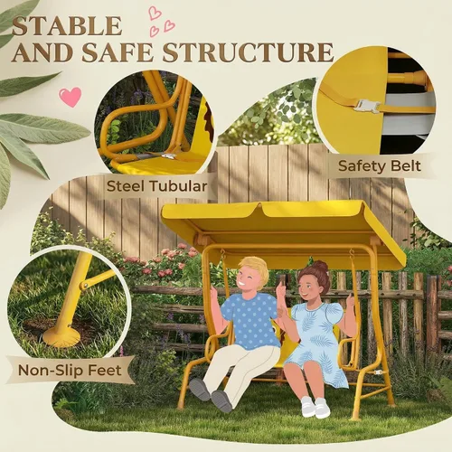 Miniatura 3 de Qaba Columpio de patio para niños, 2 plazas para porche al aire libre con toldo ajustable, cinturón de seguridad, banco colgante con patrón de león
