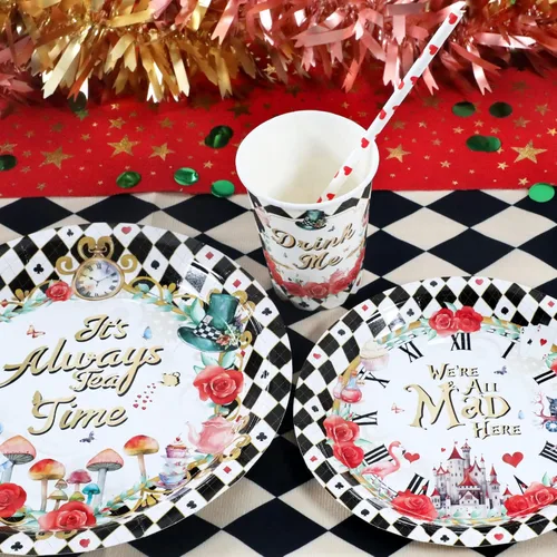 Miniatura 5 de Decoraciones para la fiesta del té de Alicia - Platos de papel para baby shower, servilletas, tazas y pajitas para 24 invitados, juego de vajilla