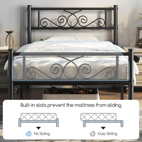 Miniatura 9 de Topeakmart Base de cama clásica de metal de 13 pulgadas con cabecero, base de colchón, plataforma de cama, base de cama con listones, tamaño Negro
