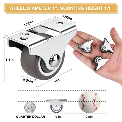 Miniatura 6 de Juego de 4 ruedas rígidas pequeñas de 1 pulgada de goma silenciosa de perfil bajo No Floor Marks, Soft, Load 100 Lbs, Mini Fixed Drawer Rollers