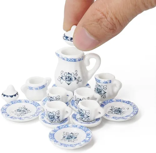 Miniatura 20 de Odoria 1:12 Miniatura 15pcs porcelana azul Chintz taza de té Set (azul)