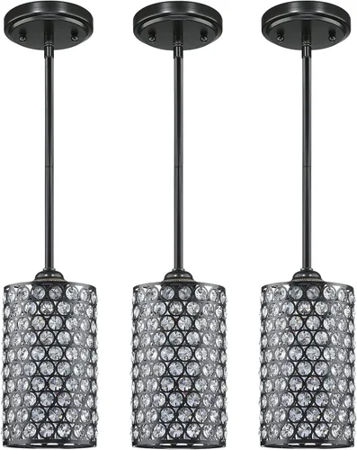 Miniatura 9 de Paquete de 2 lámparas colgantes de cristal para isla de cocina, moderna y concisa, acabado negro con pantalla de metal de placa de cristal para bar