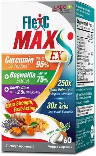 LABO Nutrition FlexC MAX EX con curcumina de cúrcuma C3 Reduct 95% de tetrahidrocurcuminoides, bioperina, extracto de boswellia y garra del diablo,