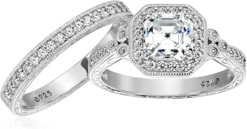Miniatura 5 de Amazon Essentials Anillo antiguo de plata de ley chapada en platino o oro con circonita cúbica de elementos infinitos de corte Asscher