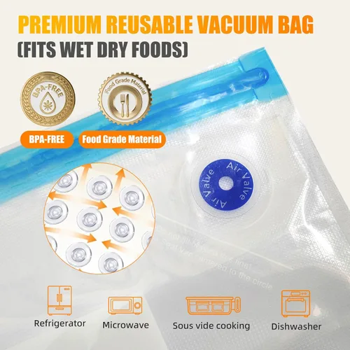 Miniatura 8 de Sellador al vacío compacto para alimentos, máquina selladora al vacío + 30 bolsas de vacío reutilizables, potente sellador de alimentos al vacío