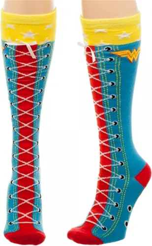 DC Comics Wonder Woman - Calcetines de bota de imitación con cordones hasta la rodilla con puño, Varios colores