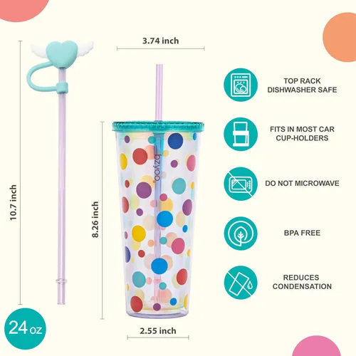 Miniatura 6 de bzyoo Vaso SIP de 24 oz con Tapa de Popote en Forma de Corazón con Alas – Vaso Iridiscente de Diseño Lindo DotDot, Taza Libre de BPA con Tapa