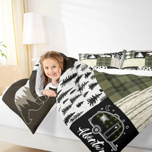Miniatura 187 de Juego de edredón de cuernos de ciervo tamaño individual, juego de ropa de cama rústica de granja con huellas de oso y pinos para decoración