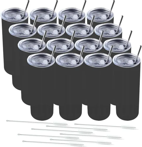 Miniatura 12 de Amtidy Paquete de 12 vasos delgados de 20 onzas con tapa y popote, vaso aislado al vacío de doble pared para bebidas frías y calientes