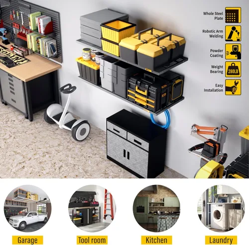 Miniatura 2 de Paquete de 2 estantes de pared ajustables de metal de 1.64 x 4 pies, estantes de almacenamiento de garaje resistentes montados en la pared