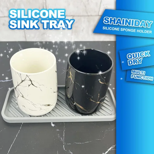 Miniatura 4 de 1 soporte de esponja de silicona, bandeja para fregadero de cocina, baño, ducha, jabonera, dispensador organizador de cepillos para botellas (gris)