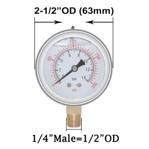 Miniatura 2 de Joywayus Medidor de Presión 0-200 PSI, Latón 1/4" NPT Rosca Macho Montaje Inferior, Llenado de Glicerina, Caja de Acero Inoxidable, Múltiples