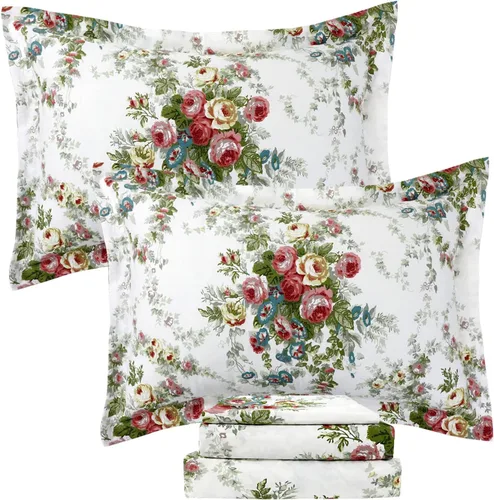 Miniatura 117 de FADFAY Juego de sábanas tamaño King, 100% algodón, elegante ropa de cama de granja con hojas verdes menta y flores blancas, sábana suave