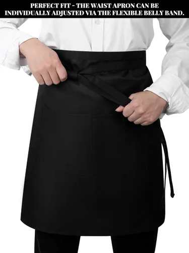 Miniatura 5 de Twistover Paquete de 5 delantales de medio bistro con 2 bolsillos, delantal unisex negro con lazos frontales extra largos en la cintura para hombres