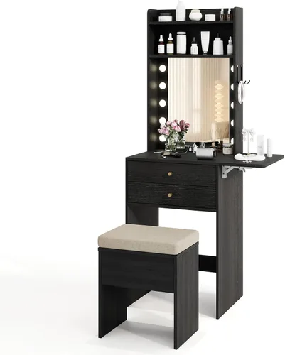 Miniatura 9 de CHARMAID - Escritorio pequeño de tocador con espejo y luces, mesa de tocador de maquillaje con estación de carga, cajones, estantes, mesa lateral