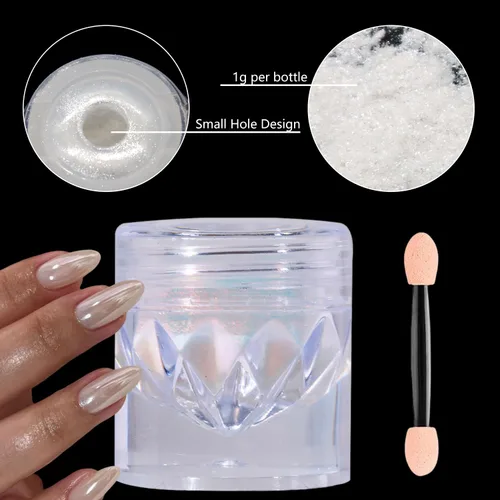 Miniatura 7 de 3 frascos de polvo de cromo perla blanca para uñas, efecto espejo de luz de luna, brillo blanco con purpurina aurora, pigmento brillante para diseño