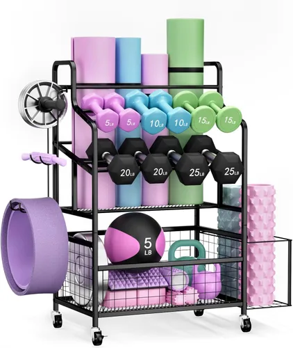 Miniatura 9 de HavenlyYouth Dumbbell Rack, Home Gym Weight Rack Storage, Adjustable Dumbbell Stand Organizer with Wheels, Holds Dumbbells, Kettlebells, Yoga Mats