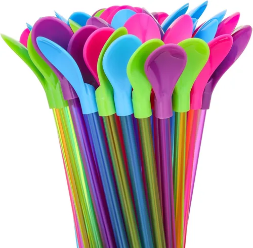 Miniatura 7 de Jinei 100 popotes de cuchara de cono de nieve, plástico duro de 9.3 pulgadas, desmontables, reutilizables, largos, tenedores para beber cono