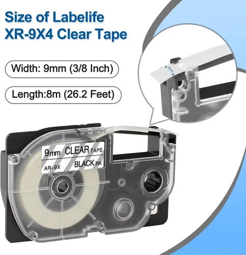 Miniatura 2 de XR-9X4 Reemplazo para Casio Label It Tape Clear 0.354 in 3/8 pulgadas XR-9X2S XR-9X Tinta negra en cinta transparente para etiquetadora Casio EZ