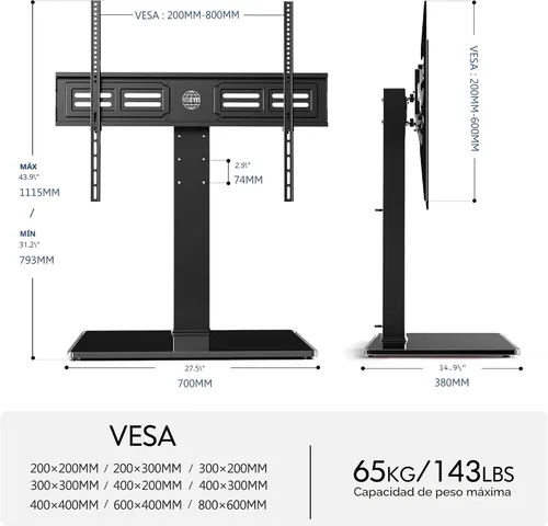 Miniatura 7 de FITUEYES Soporte universal para TV con soporte giratorio para pantallas planas de 50 a 85 pulgadas, base de vidrio templado ajustable en altura que