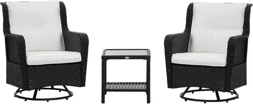 Outsunny Juego de muebles de mimbre para exteriores de 3 piezas, juego de muebles de ratán con mesa de centro de cristal y sillas de porche
