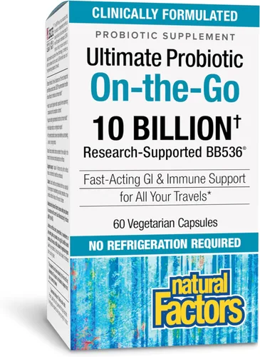 Natural Factors, TravelBiotic, apoya la salud del colon y el sistema inmunológico, suplemento probiótico estable, 10 mil millones de UFC, vegano, 60